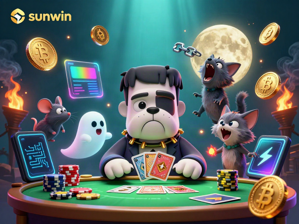 Experience thrilling gameplay at sunwin with exciting cards and glowing cryptocurrency elements.
