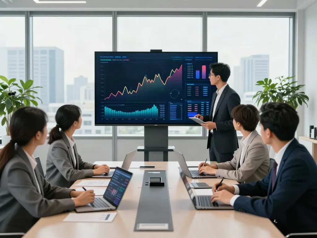 Equipe discutindo estratégia de negócios no escritório, focando no bpi net empresas.