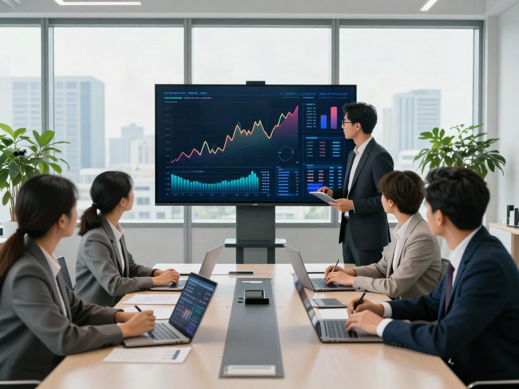 Equipe discutindo estratégia de negócios no escritório, focando no bpi net empresas.