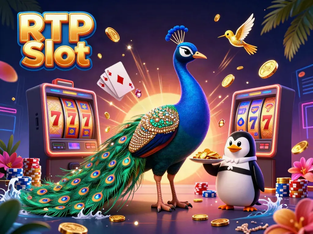 Engage with RTP Slot in this vibrant scene featuring a peacock, penguin, and hummingbird among dynamic gaming elements.