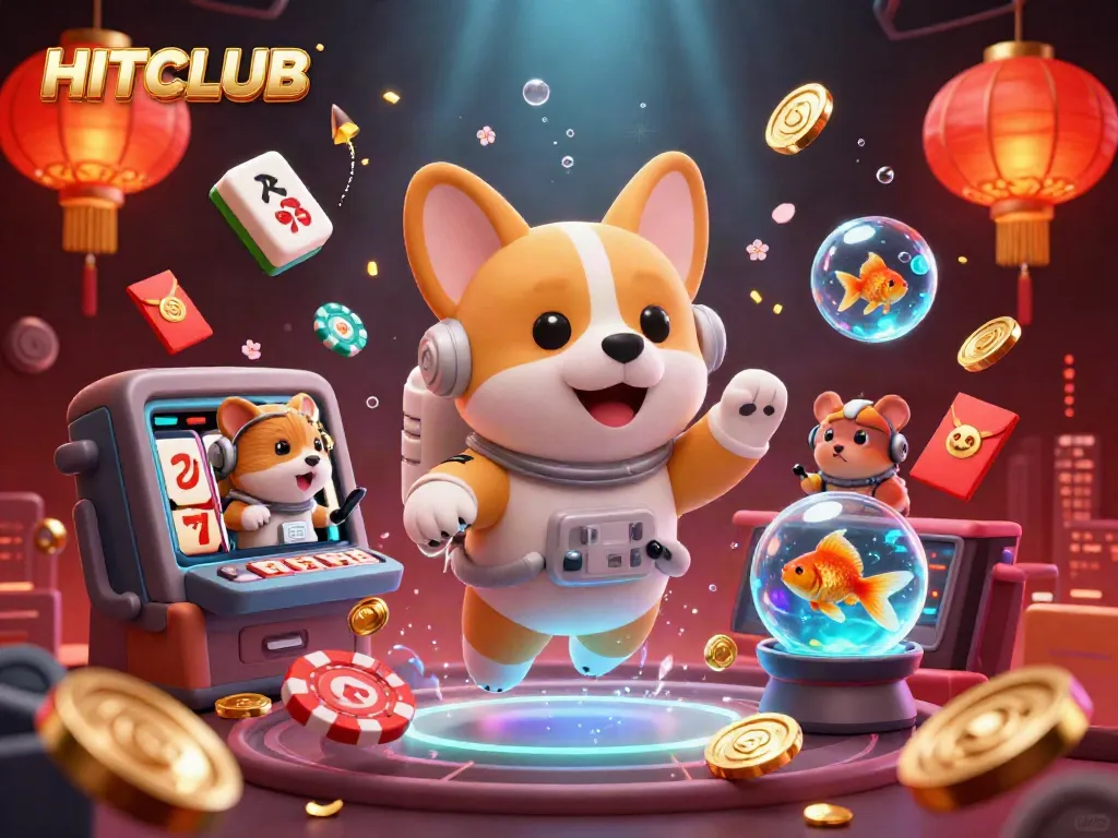 HITCLUB promotes exciting activities with a cartoon dog in a vibrant casino scene, featuring colorful gambling elements.