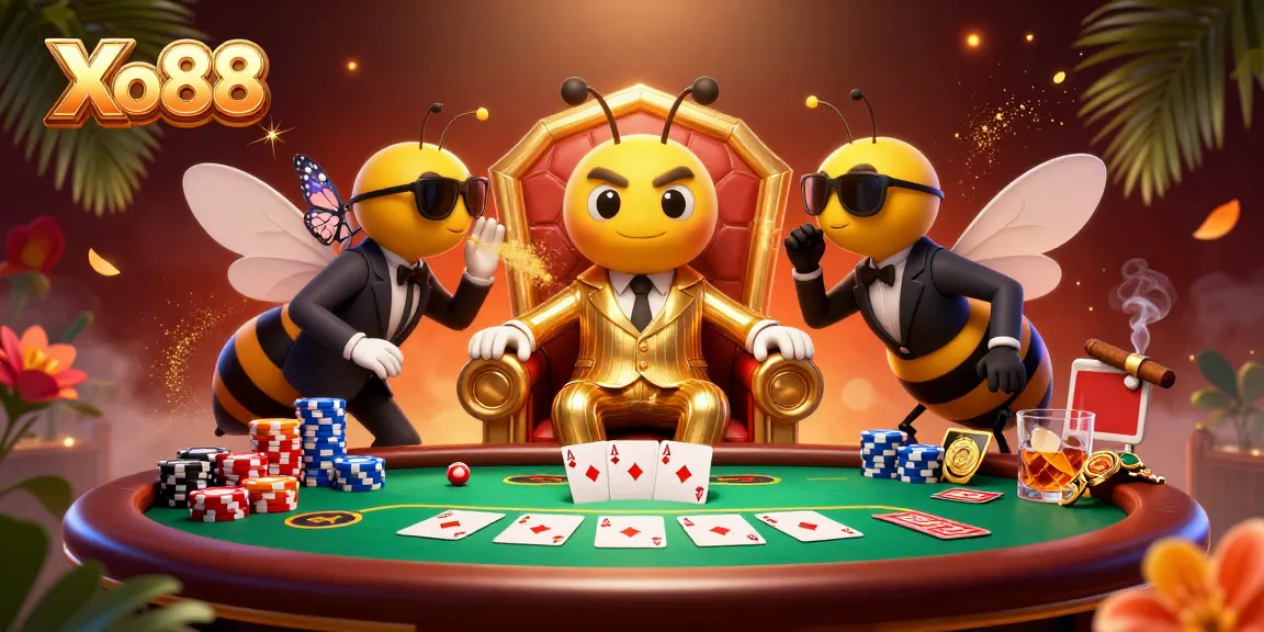 Xo88 card sharks at a vibrant poker table, surrounded by chips and winning cards.