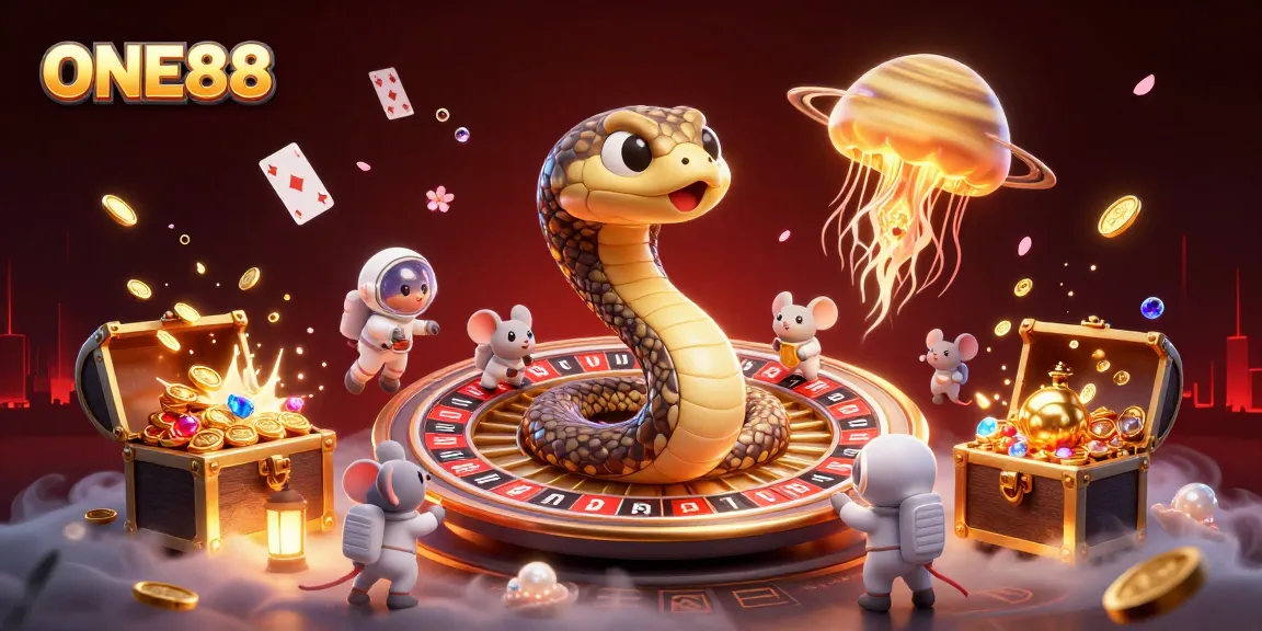 Experience thrilling gambling action at ONE88 with roulette snakes and cosmic dealers in a fantasy world.