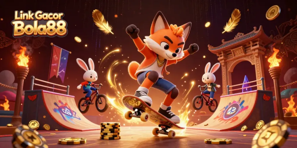 Experience excitement with Link Gacor Bola88, a vibrant scene of a skateboarder fox and BMX rabbit in a casino setting.