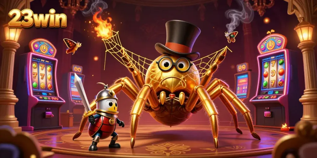 Engage with 23win's vibrant casino world as a giant golden tarantula weaves a web of luck.