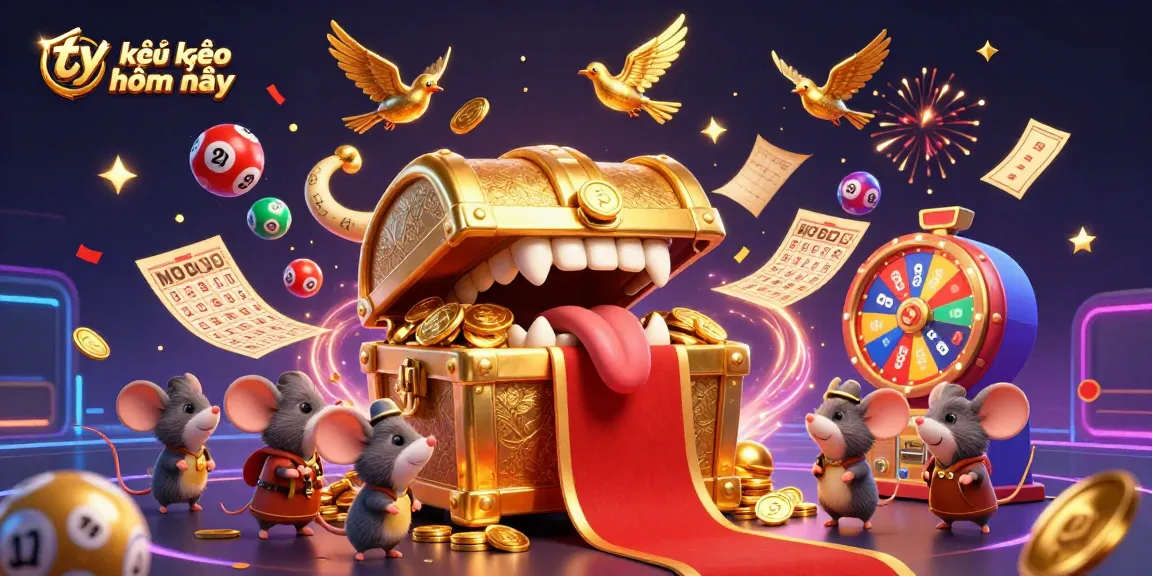 Tỷ lệ kèo nhà cái hôm nay highlights a vibrant 3D scene of excitement with colorful lottery elements and animated celebration effects.