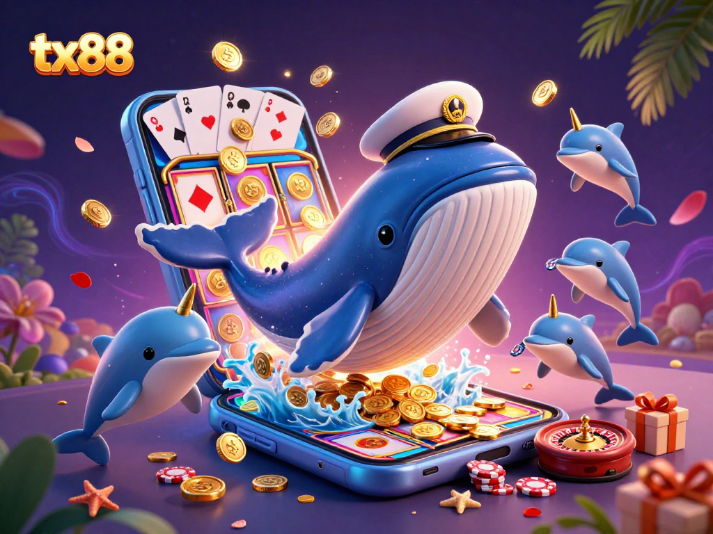 Engage with the tx88 experience featuring a whale, narwhal, and dolphins in a vibrant casino scene.