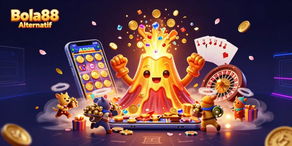 Bola88 Alternatif showcases a captivating volcano emitting treasures while playful animals flee with riches.