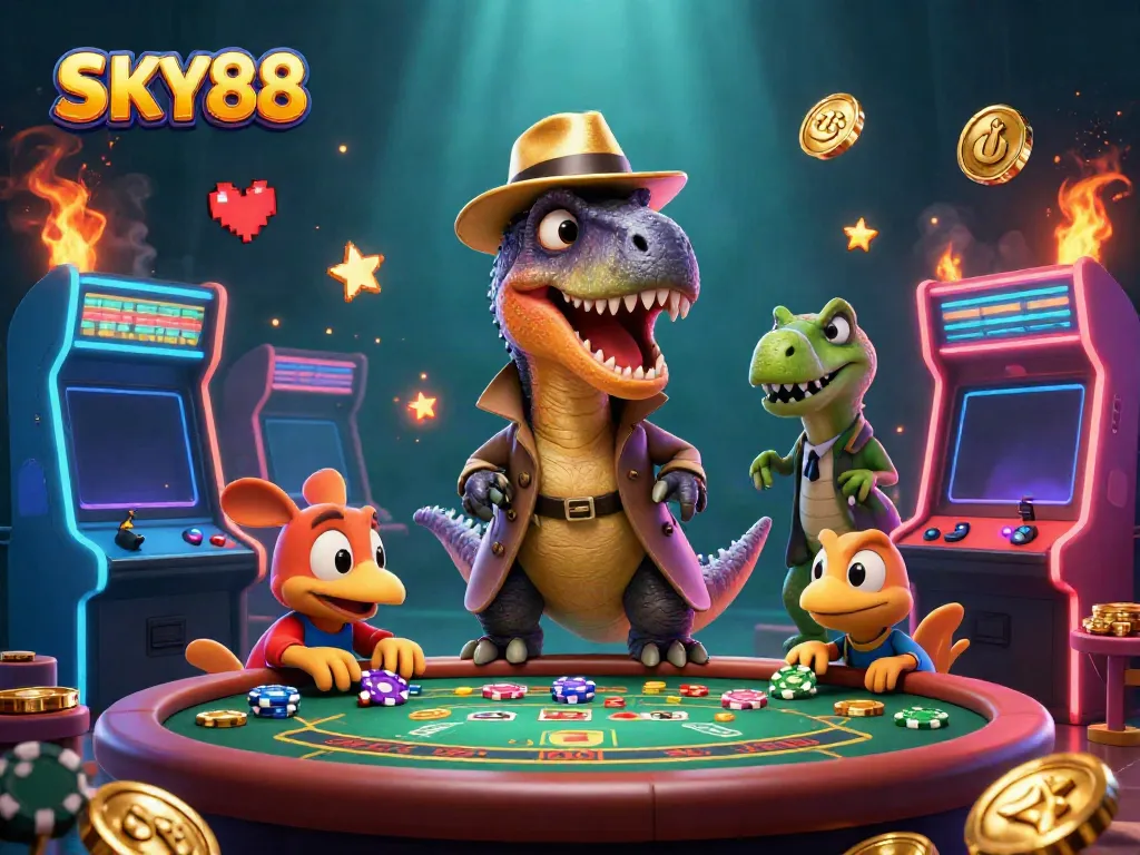 Engage with SKY88's thrilling blackjack scene featuring cartoon velociraptor and stegosaurus in a vibrant casino atmosphere.