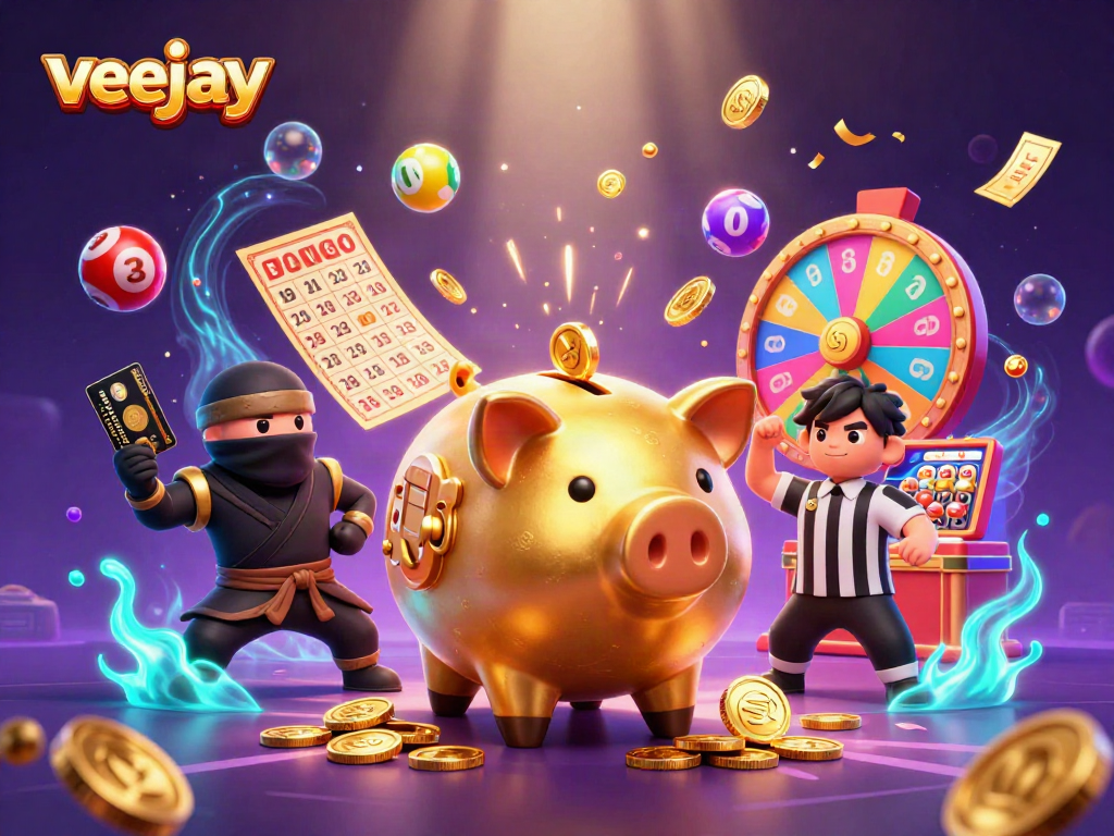 Veejay zeigt aufregende Bingo-Action mit goldener Kasse in dem Spiel.