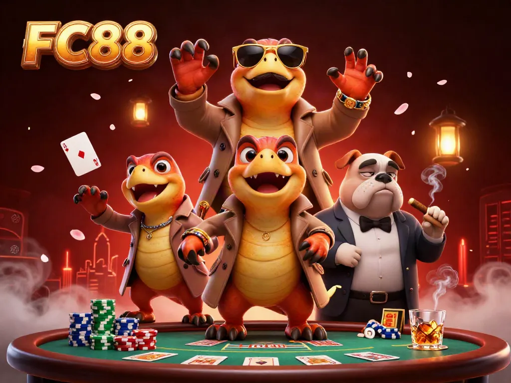 Watch the comedic raptors in a trench coat attempting casino entry at FC88, showcasing vibrant gaming elements.