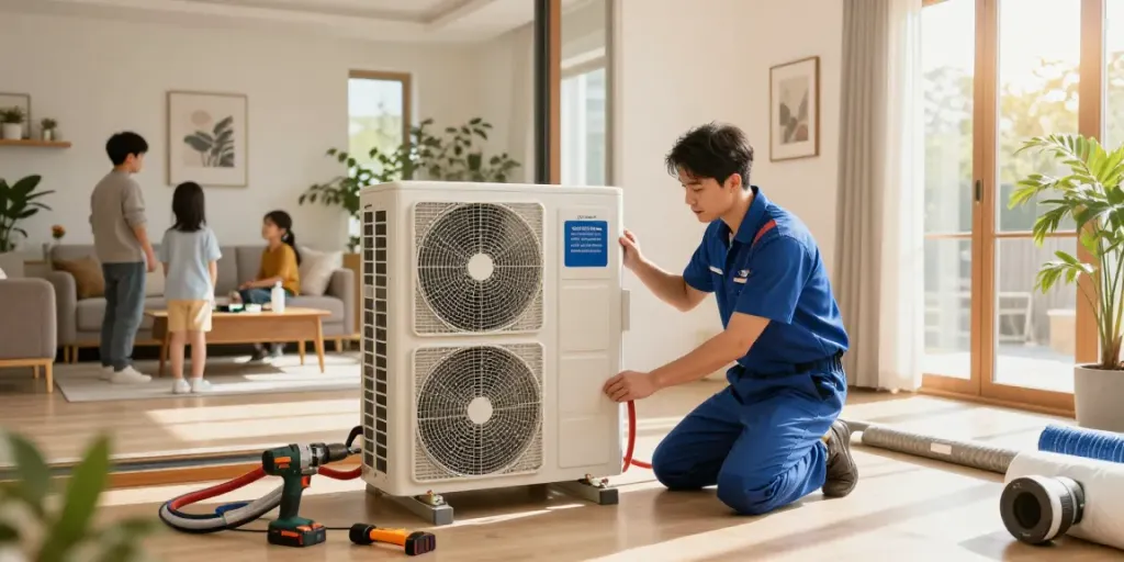 Installation einer Wärmepumpe Kosten in einem modernen Zuhause, Technik zeigt den Aufbau mit Sonnenlicht.
