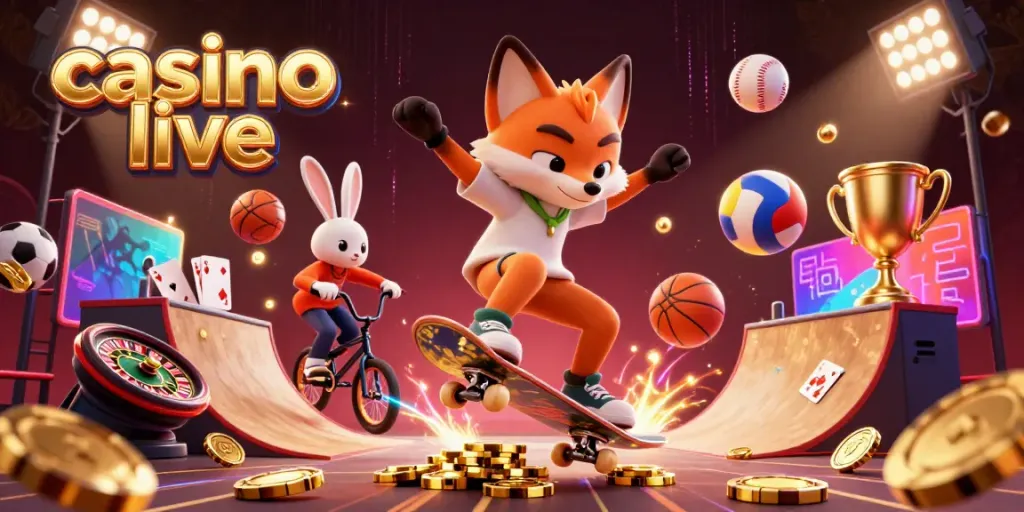 Experience the excitement of casino live with a vibrant 3D illustration of animated characters and gambling elements.