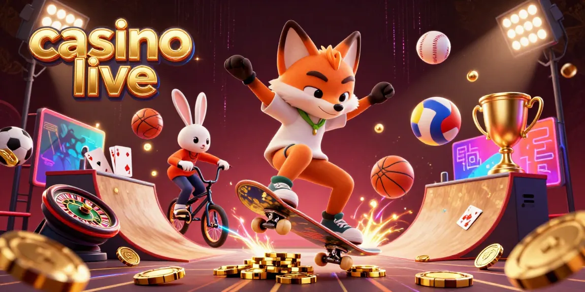 Experience the excitement of casino live with a vibrant 3D illustration of animated characters and gambling elements.