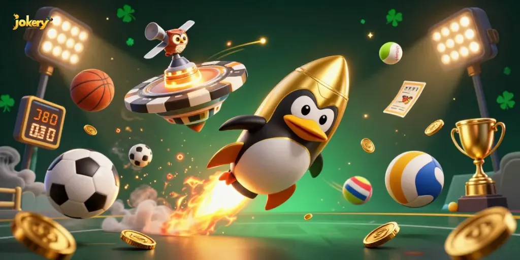 Experience exciting games at jokery with a dynamic scene of a penguin, casino elements, and sports innovation.
