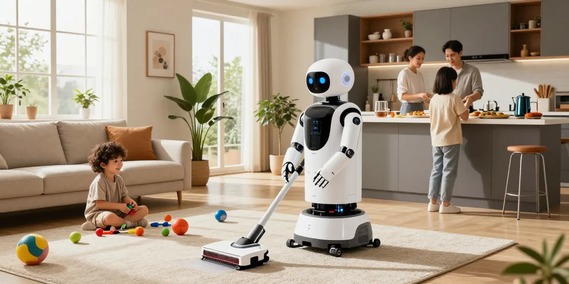 Home robot 2026 helping a family with chores in a stylish living room.