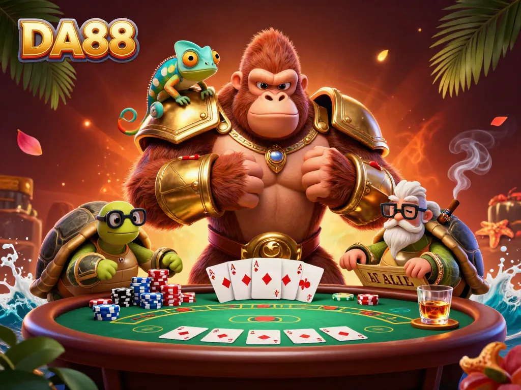 Engage with DA88 casino experience featuring vibrant 3D characters and poker elements.