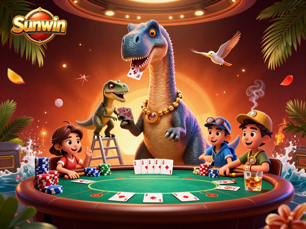 Experience thrilling gameplay at Sunwin as the brontosaurus oversees a vibrant poker scene.