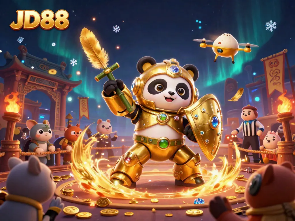 Engage in thrilling gameplay at JD88 with a golden panda piloting an exciting mech robot in a vibrant casino arena.