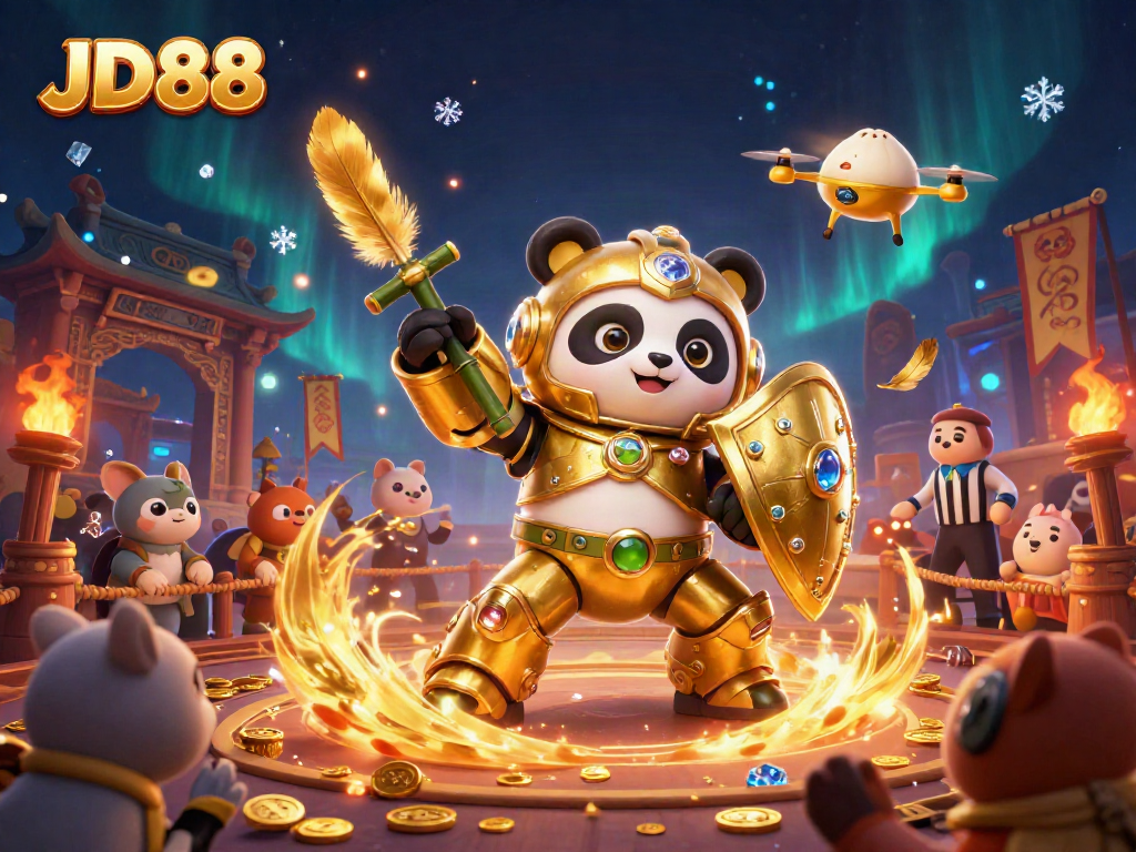 Engage in thrilling gameplay at JD88 with a golden panda piloting an exciting mech robot in a vibrant casino arena.