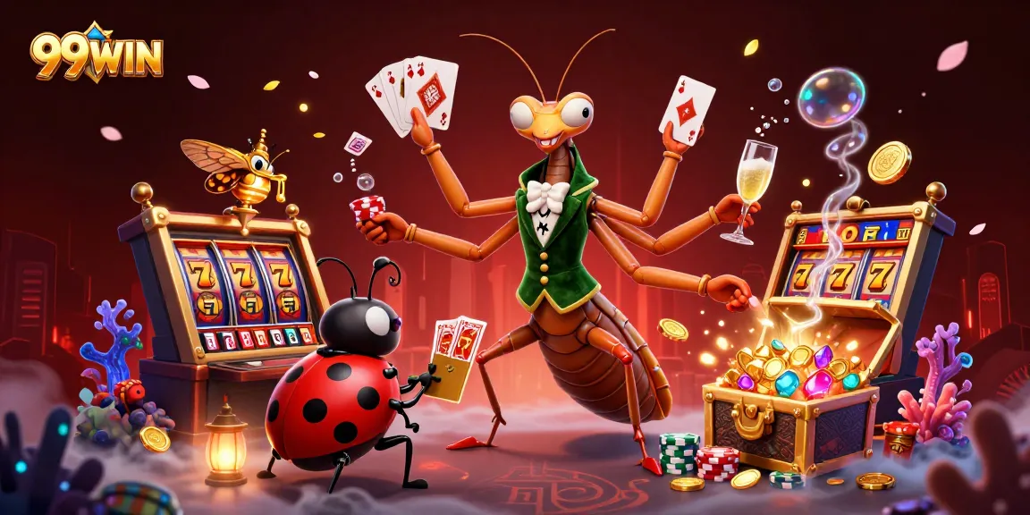 Experience thrilling slots with 99WIN's giant praying mantis dealer and lively casino scene.