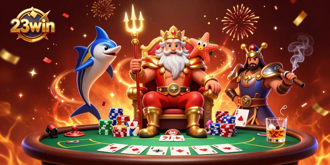 Experience thrilling action at 23win with a vibrant casino scene featuring Neptune and poker elements.