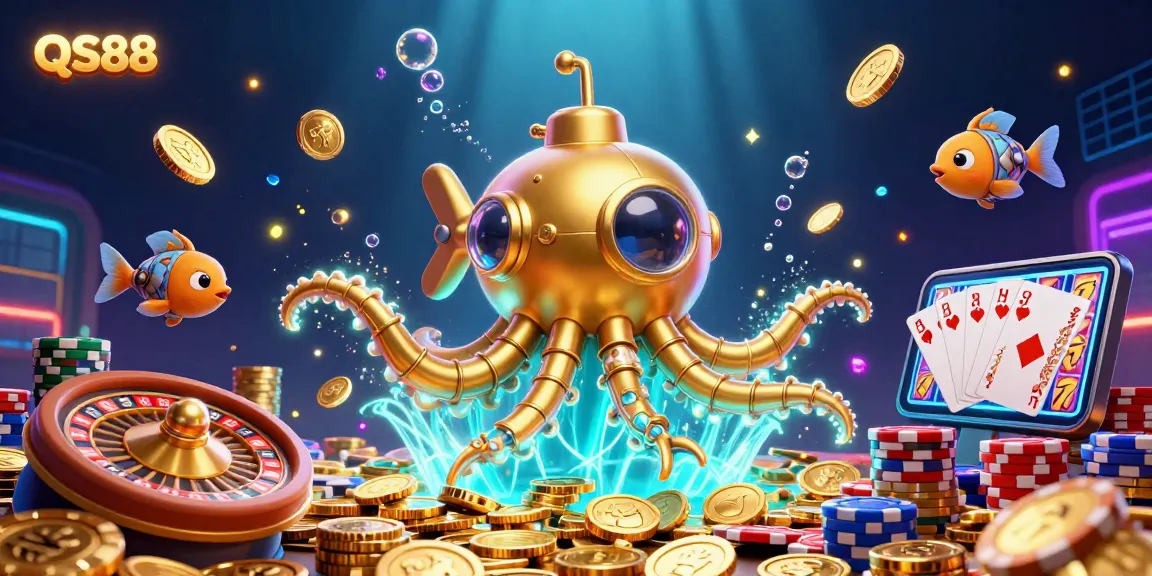 Join the QS88 action with a golden kraken submarine amid casino riches and excitement.