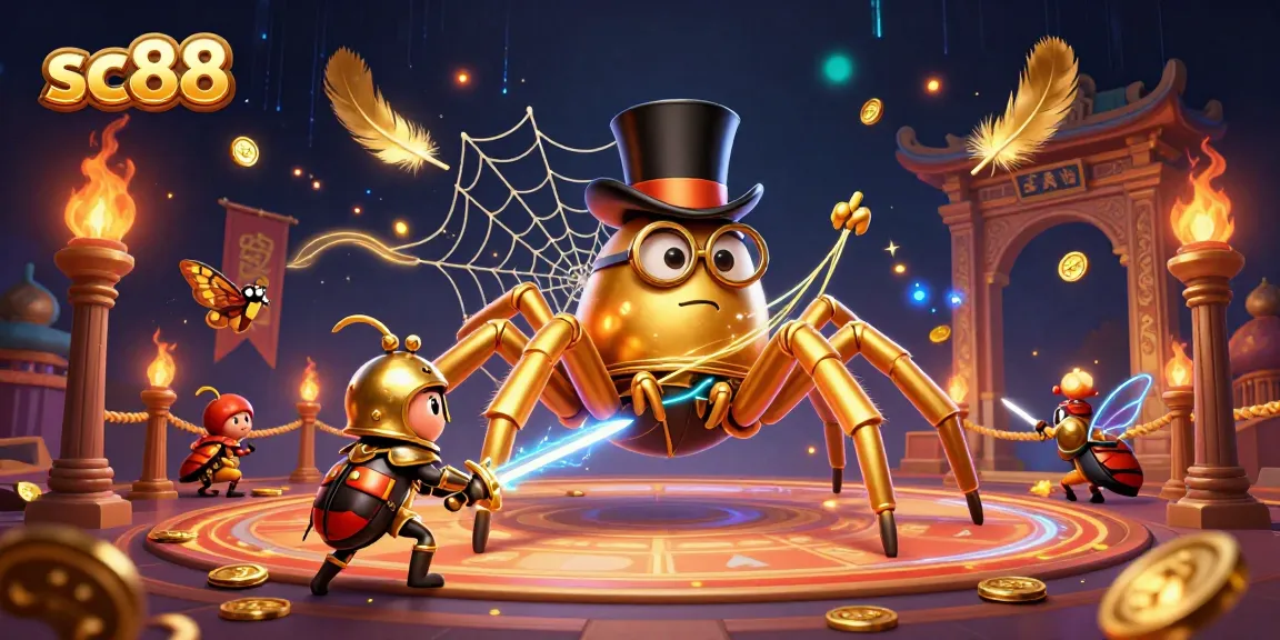 Engage with sc88’s exciting 3D casino scene featuring a golden tarantula and knight.
