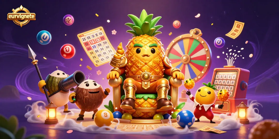 Engage with eurvlgnete's vibrant lottery-themed illustration featuring colorful lottery balls and a golden pineapple king.