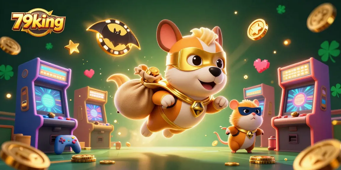 Experience the excitement of 79king with a superhero dog and hamster in a vibrant casino scene.