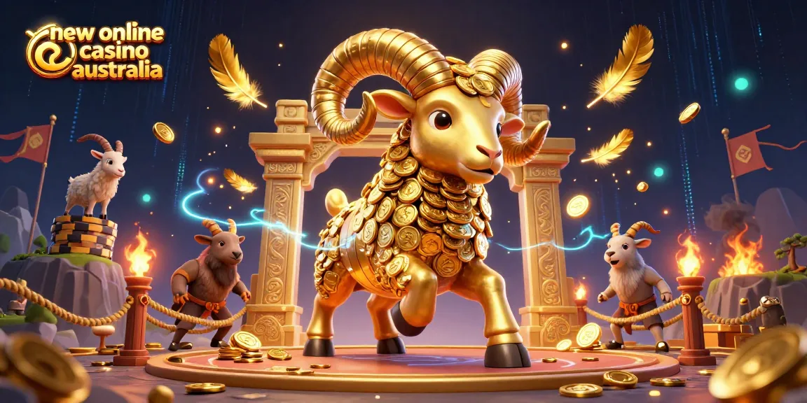 Experience the excitement of new online casino Australia with vibrant 3D illustrations of a golden ram and casino elements.