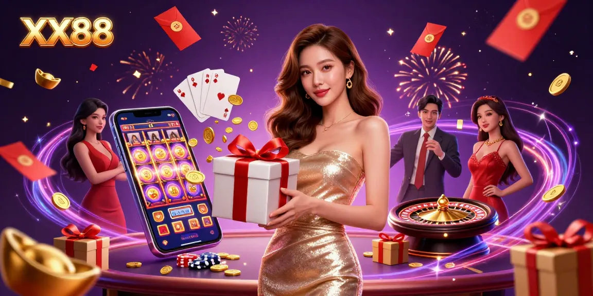 Win big with XX88 as a stunning Asian woman showcases a gift box filled with coins in a festive casino.