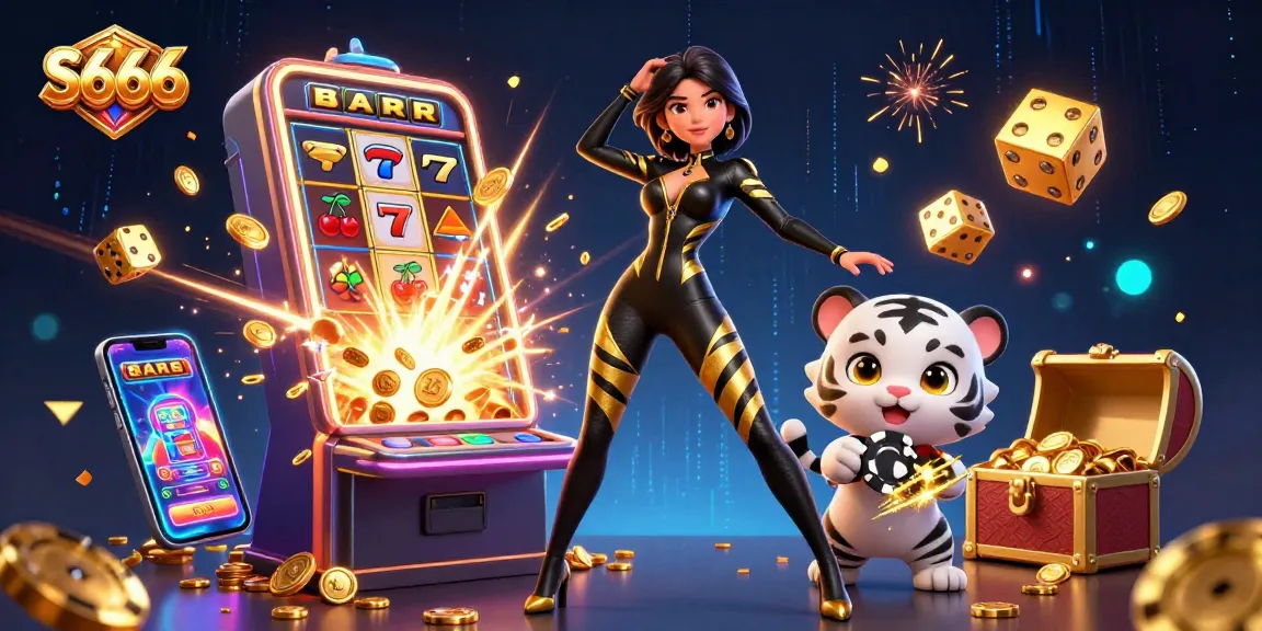 S666 casino scene showcasing a dynamic illustration with a stunning character and slot machine elements.