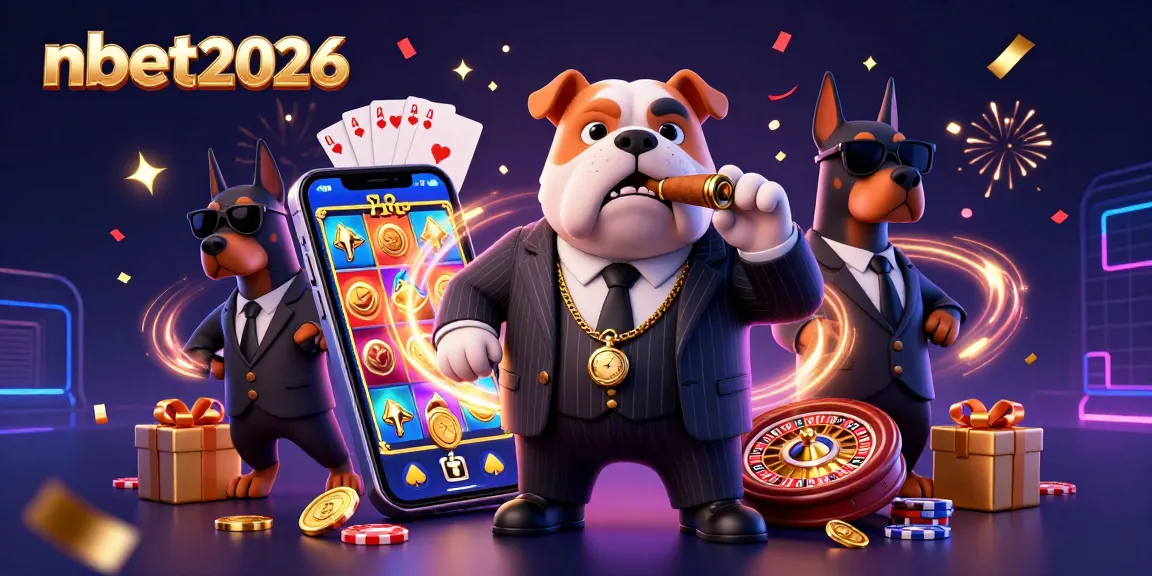 nbet2026 showcases an exciting casino scene with a mafia bulldog and Doberman bodyguards.