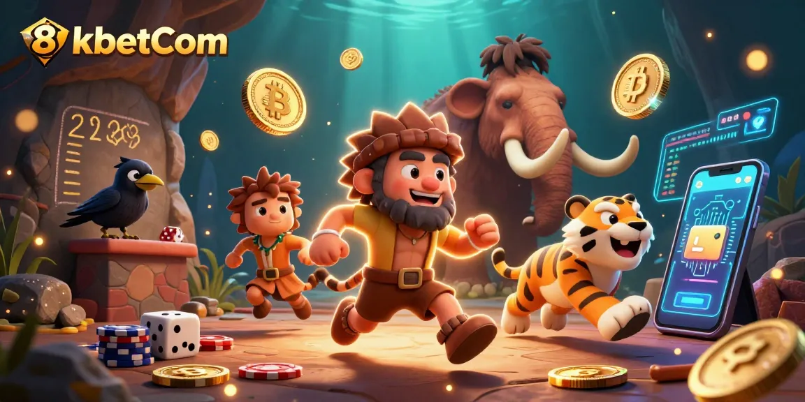 Engage in thrilling gaming at 8xbetCom, featuring vibrant playful elements from a prehistoric casino.