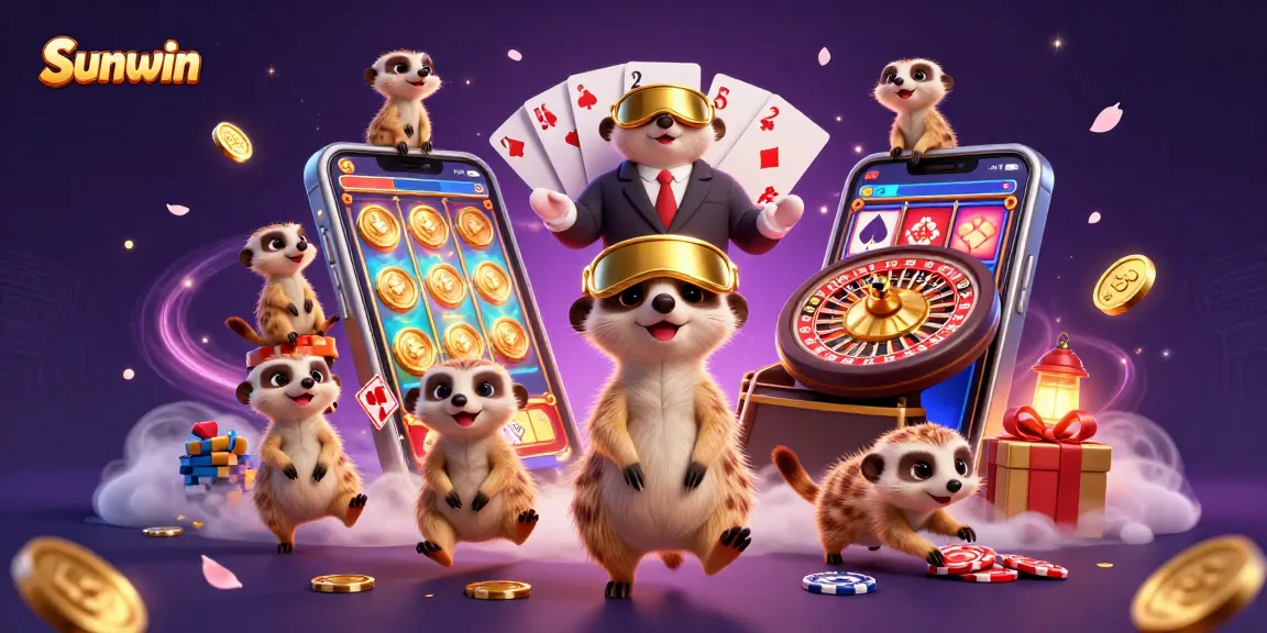 Sunwin meerkats manage a lively casino operation with vibrant gaming elements in a dynamic 3D scene.