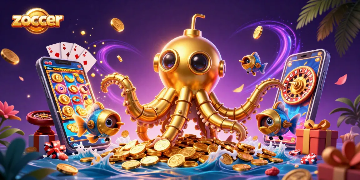 Spin to win at Zoccer with a vibrant scene of colorful slot games and winnings!