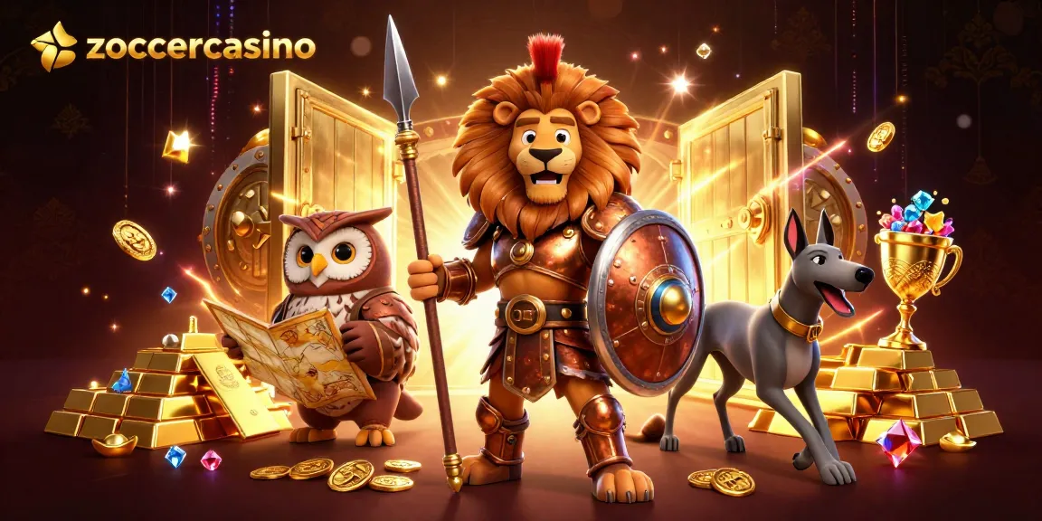 Zoccercasino-Spieler genießen aufregende Spiele mit einem Löwen in Rüstung und einer strategischen Eule.