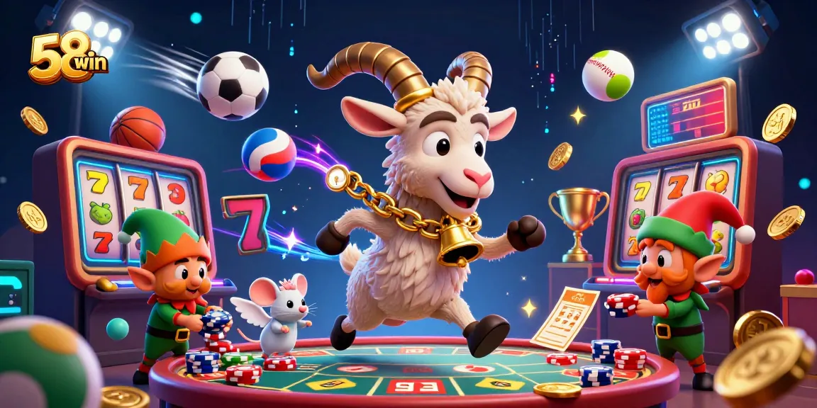 Experience thrilling casino action at 58win, with a dynamic 3D illustration of games and festive characters.