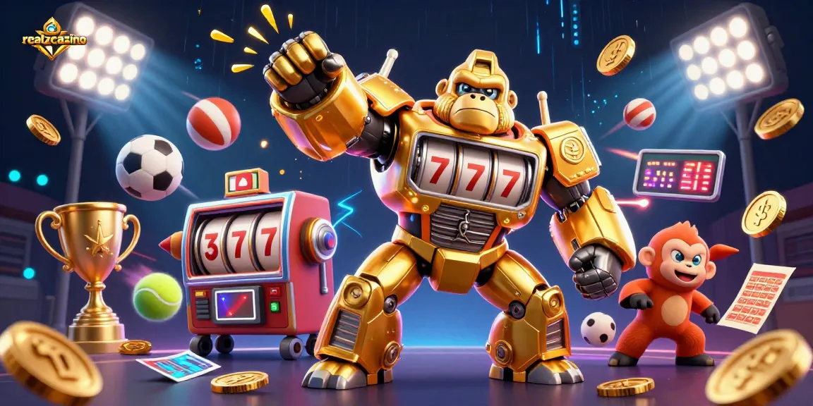Erlebe spannende Action im realzcasino mit einem goldenen Gorilla-Maschinenmech und dynamischen Sport-Elementen.