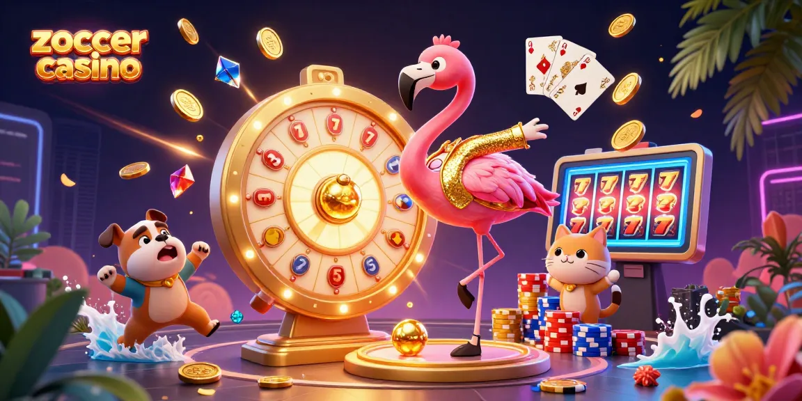 Engage in zoccer casino action with vibrant 3D characters spinning wheels and winning prizes.