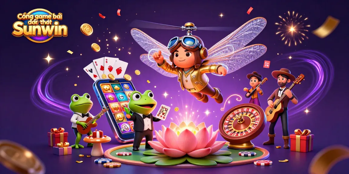 Cổng game bài đổi thưởng Sunwin showcases a vibrant 3D illustration of a dragonfly pilot and frog croupier engaged in a casino scene.