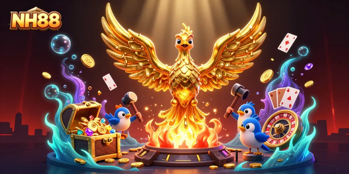 Immerse in the NH88 gaming world, featuring a molten golden phoenix with dynamic casino elements.