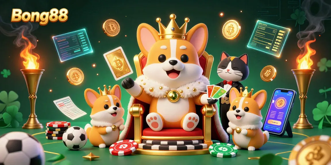 Experience thrilling moments at Bong88 with a royal corgi and vibrant gaming atmosphere.